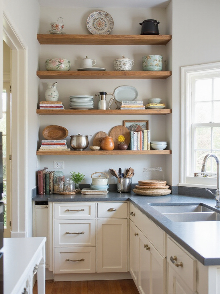 Professional photo of open island shelving in a kitchen displaying cookbooks and decorative items.