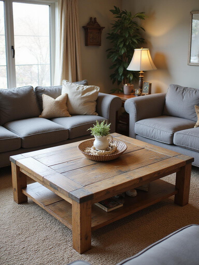 A rustic living room with a repurposed wooden coffee table made from an old barn door.
