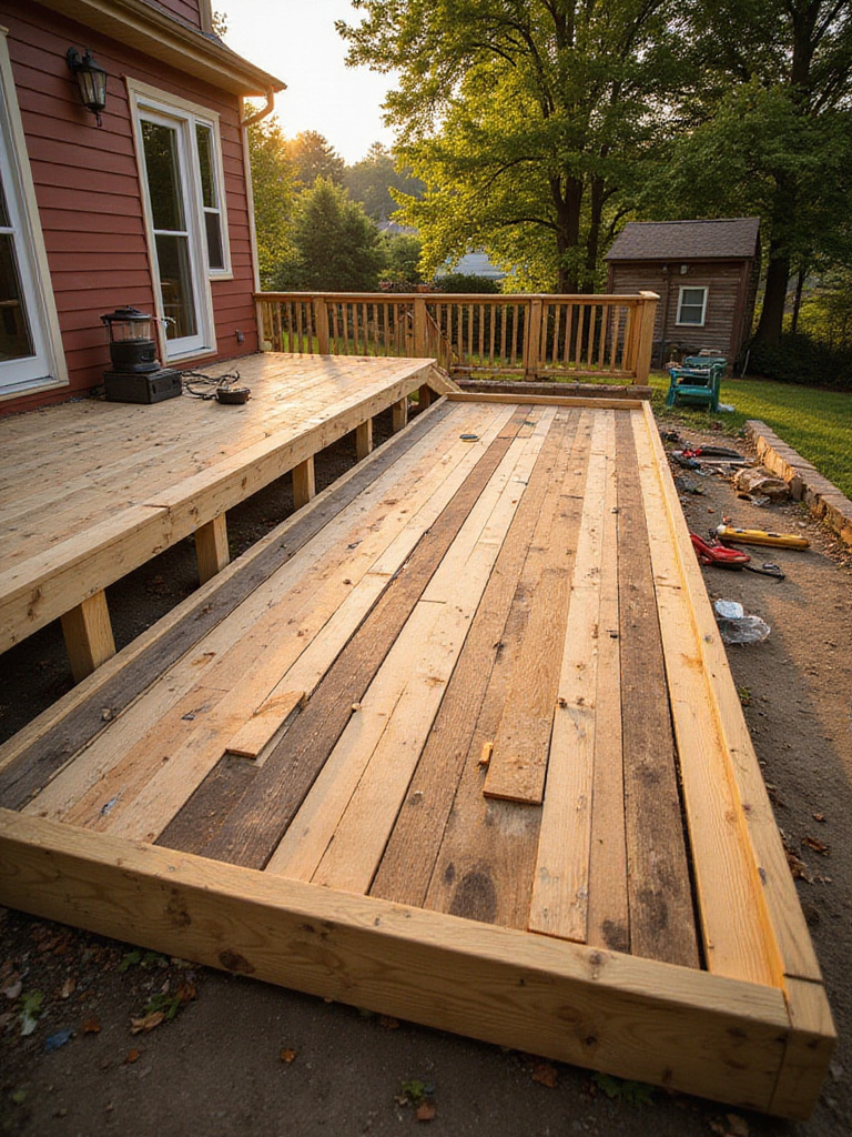 A staged deck construction process with foundation, framing, and decking boards.