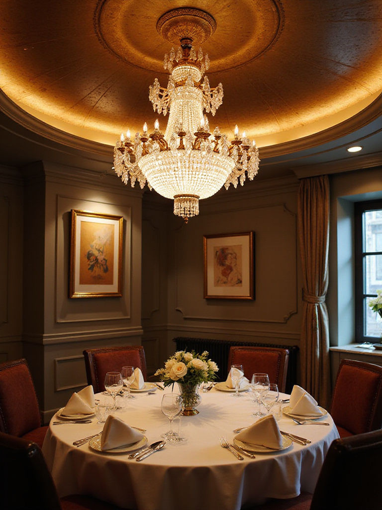 Elegant dining room featuring a high-quality chandelier above a beautifully set table.
