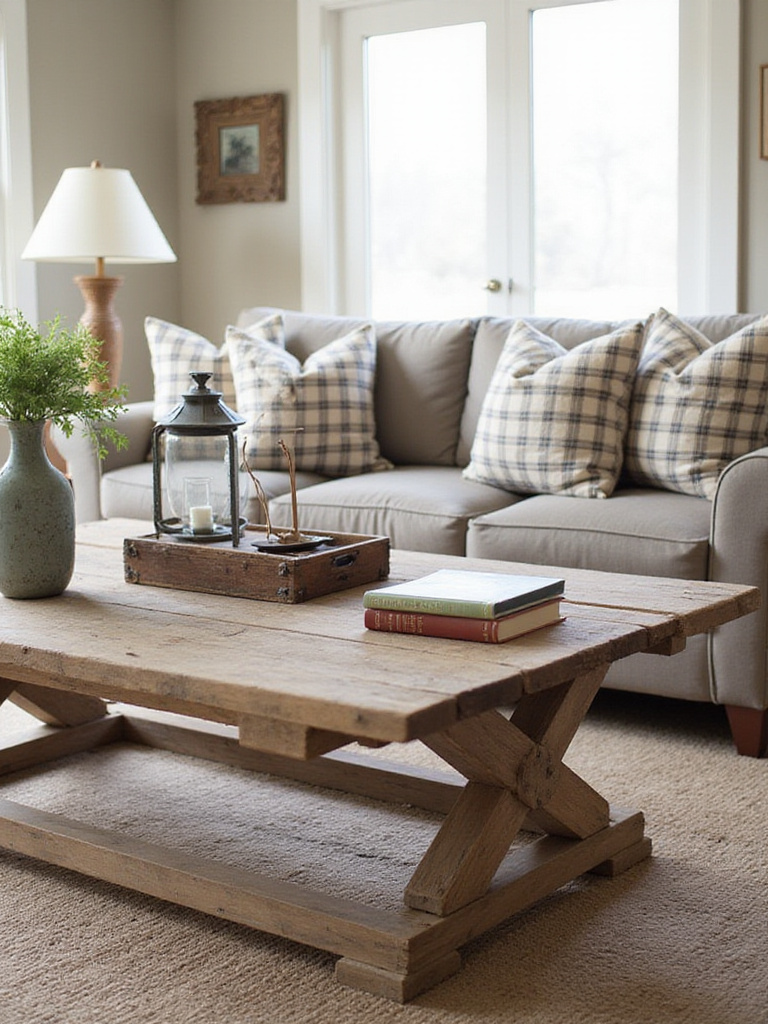 Rustic living room with thrifty decor finds including a wooden coffee table and vintage accents.