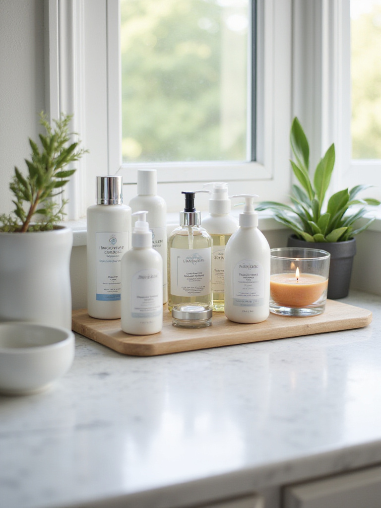 Organized bathroom countertop with skincare products and decorative elements