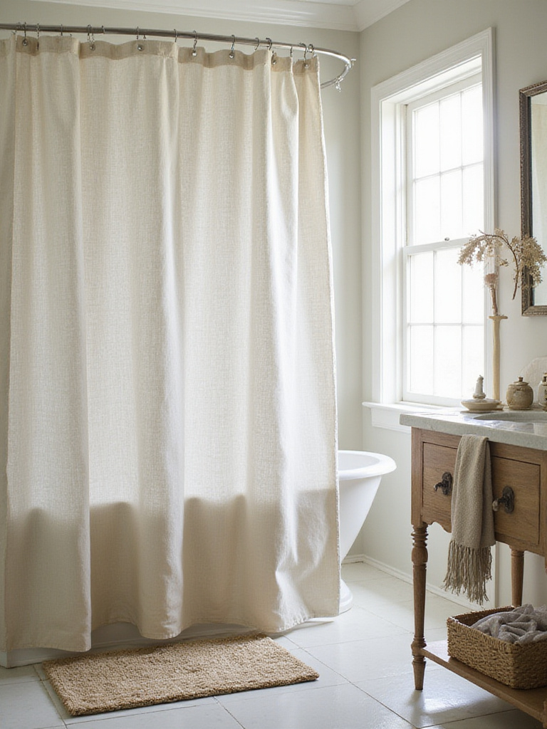 Elegant bathroom showcasing a stylish shower curtain with soft lighting.