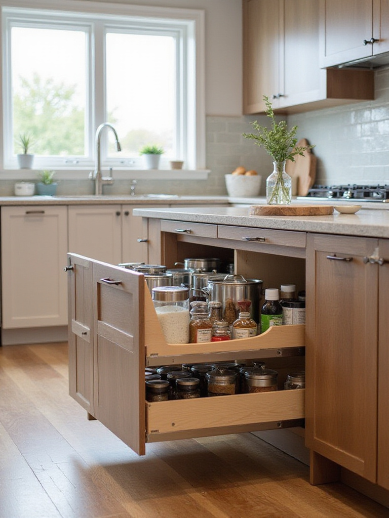 Modern kitchen island with specialized pull-out storage solutions filled with organized items.