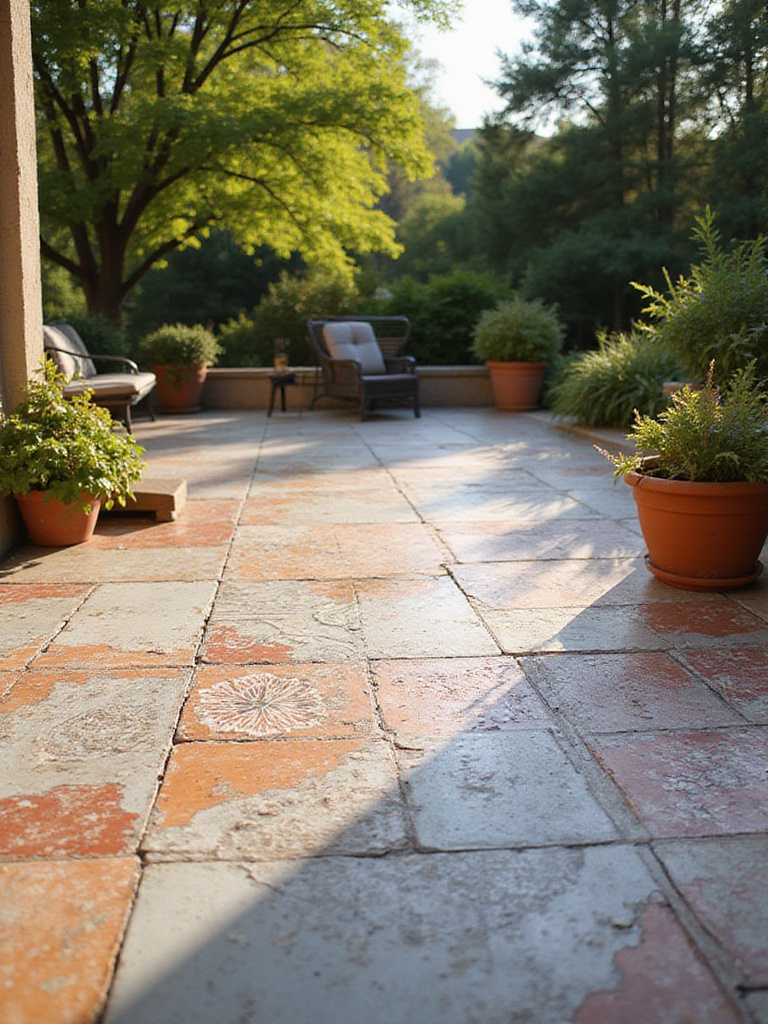 Transformed concrete patio with stenciled patterns in warm sunlight