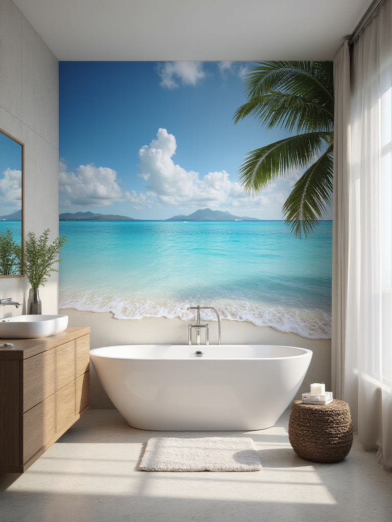 A serene bathroom featuring a tropical beach mural, creating an immersive escape.