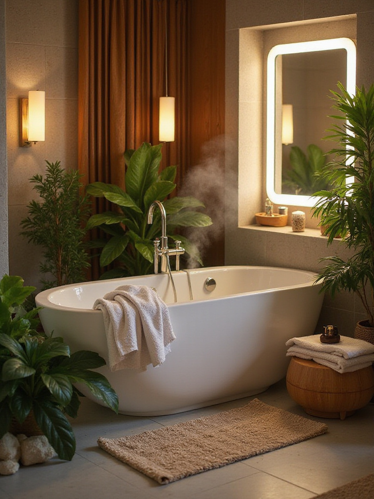 Serene bathroom scene with spa vibe elements including plants, soft lighting, and a freestanding bathtub.