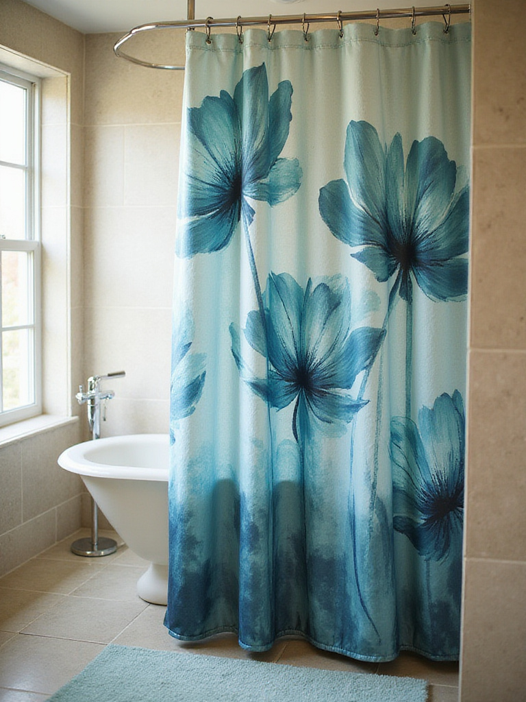 Elegant bathroom featuring a statement shower curtain with abstract floral print
