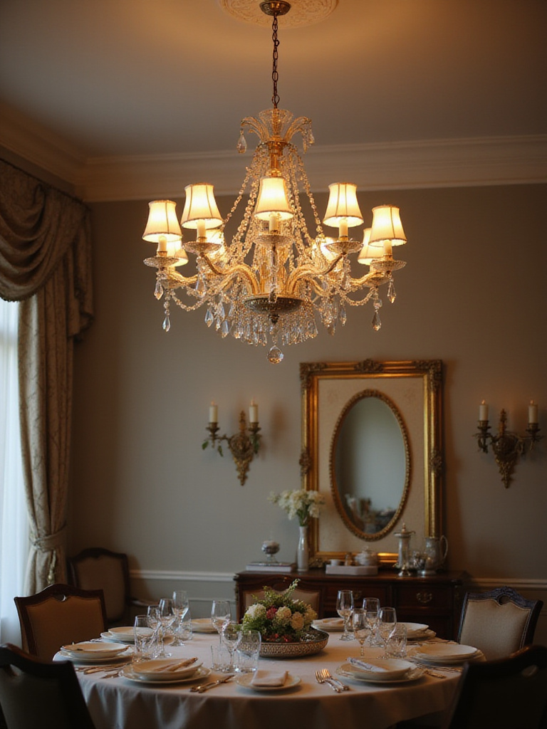 Elegant chandelier illuminating a beautifully decorated dining room