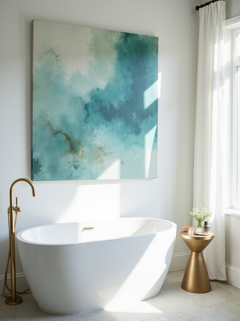 A stylish bathroom with vibrant wall art above a bathtub