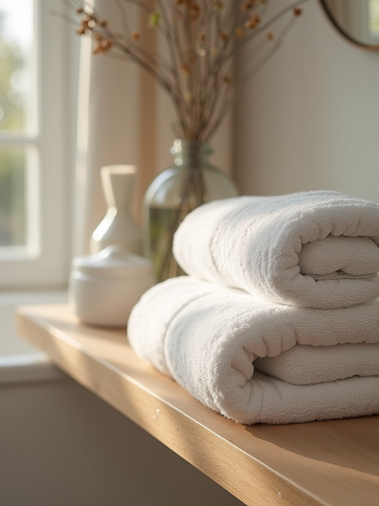 A stylish bathroom with fresh, plush towels on display, showcasing luxury and comfort.