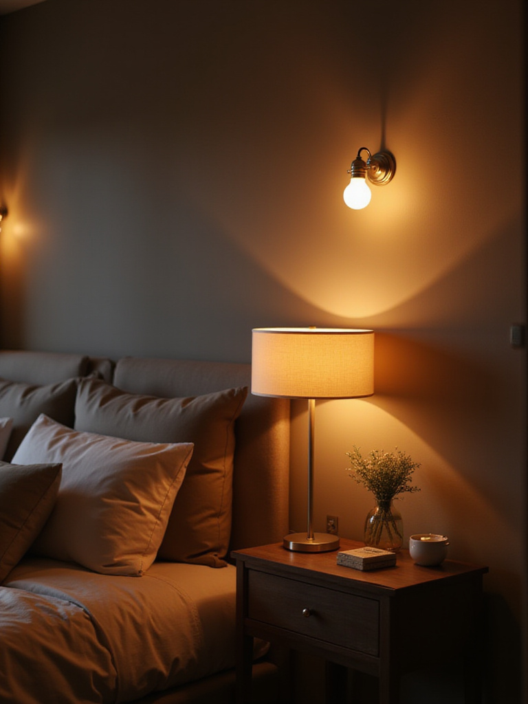 Modern bedroom with smart bulbs illuminating the space in warm ambient light