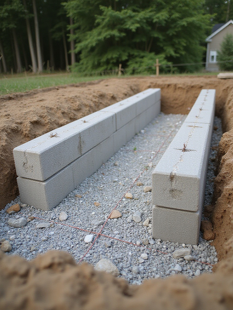 Concrete block footings installed on a gravel base for deck stability.
