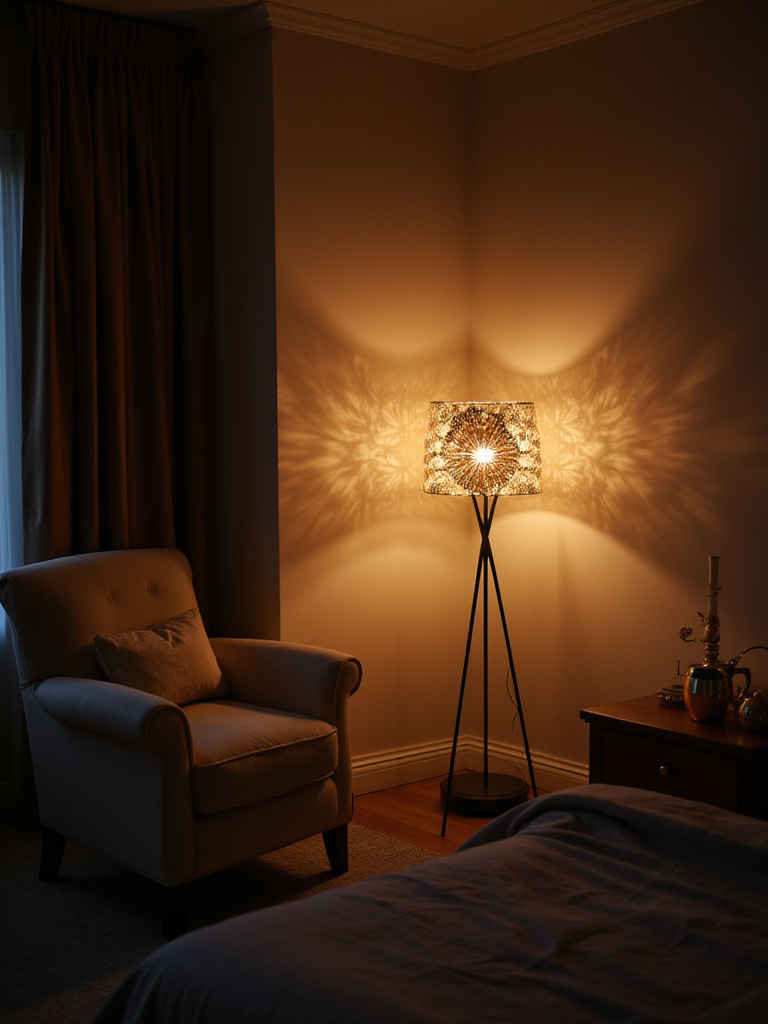 A stylish floor lamp illuminating a dark corner in a cozy bedroom.
