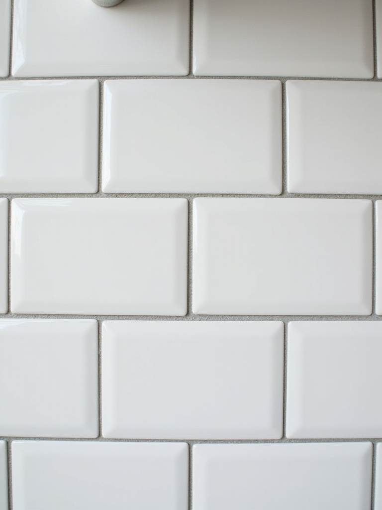Close-up of white subway tiles with charcoal grey grout, enhancing tile pattern in a kitchen backsplash.