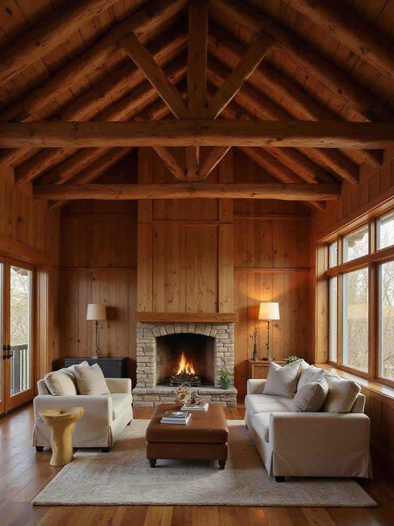 Rustic living room with exposed beams and wood paneling