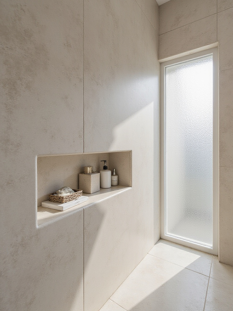 A minimalistic bathroom with a recessed shower niche showcasing neatly organized toiletries.