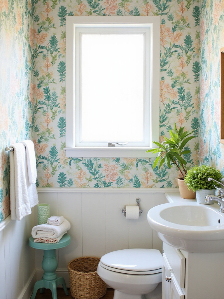 Bright and modern bathroom with removable wallpaper featuring a botanical print.