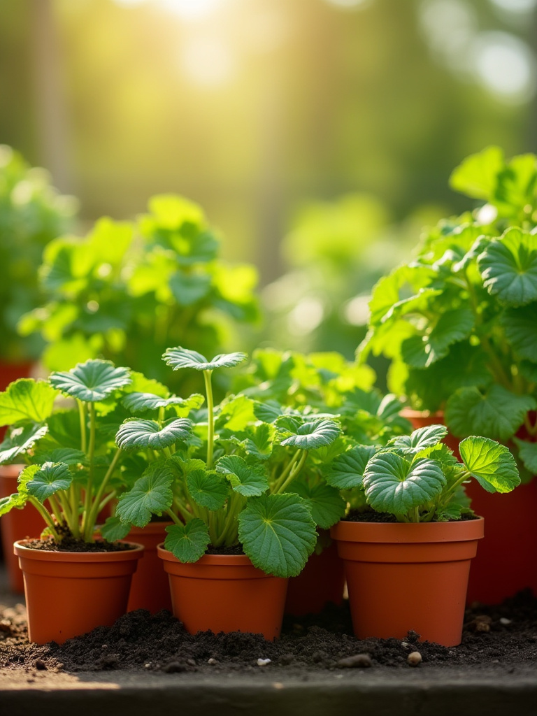 A vibrant container garden with healthy vegetable plants displaying lush green leaves under warm sunlight.