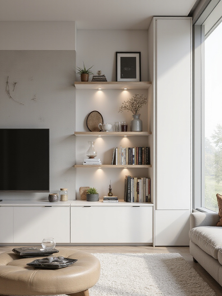 Modern living room with floating shelves and tall unit showcasing decorative items