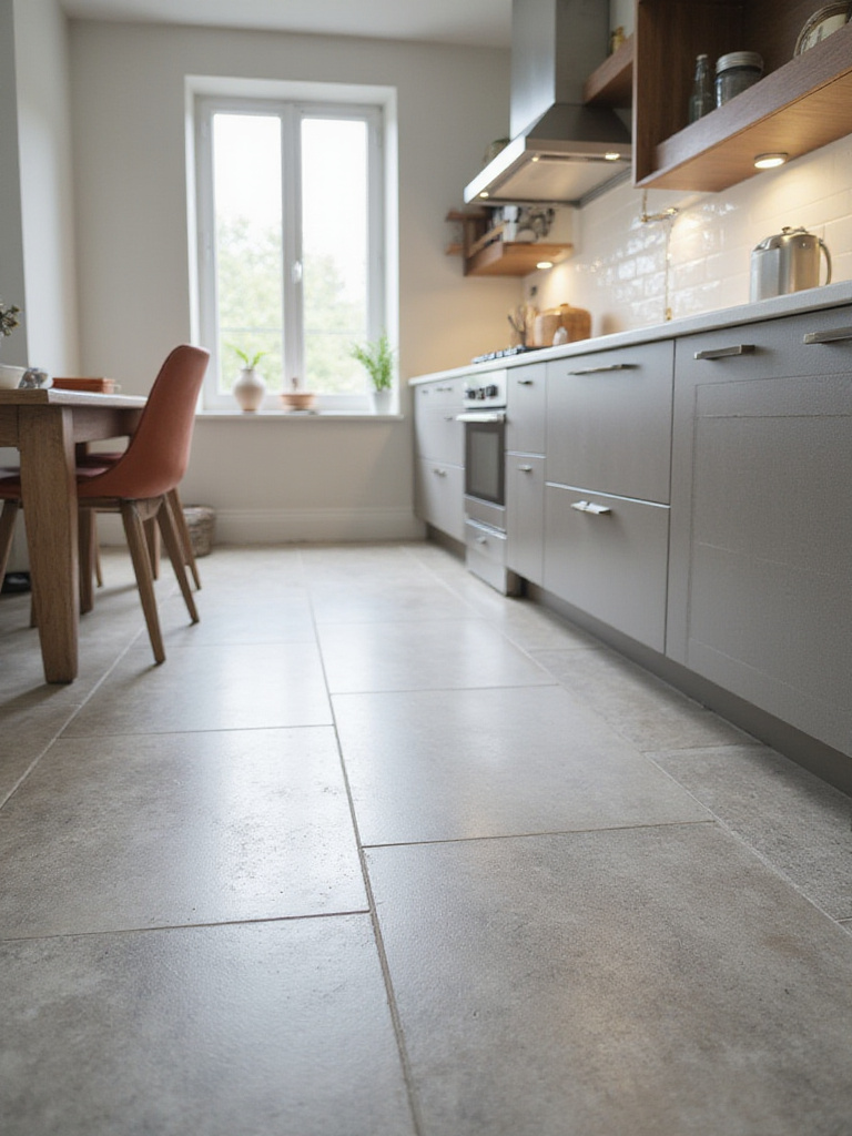 A modern kitchen showcasing durable and slip-resistant floor tiles with natural light highlighting their texture.