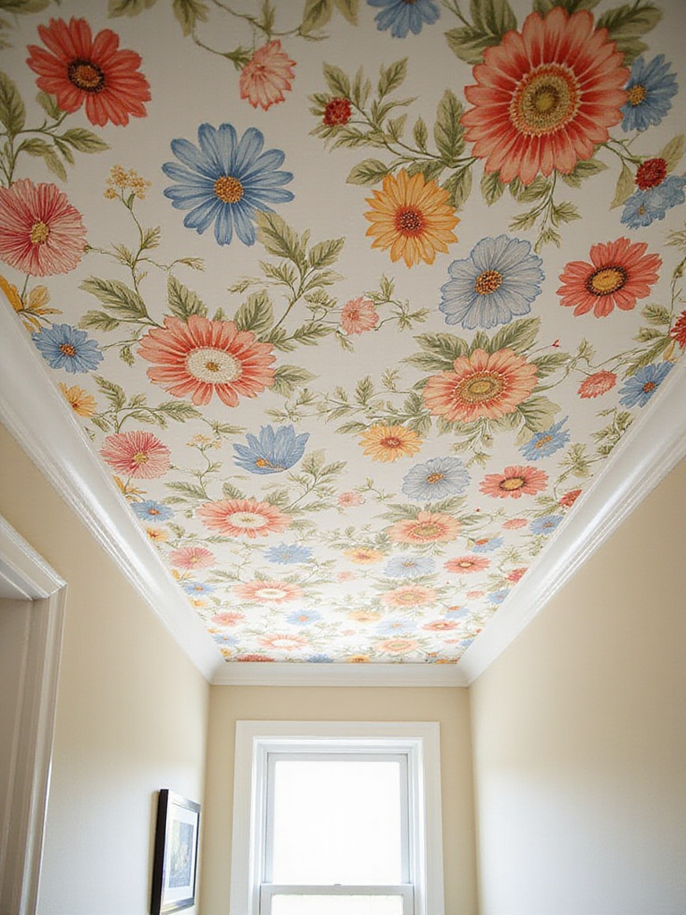 Wallpapered bathroom ceiling with floral pattern