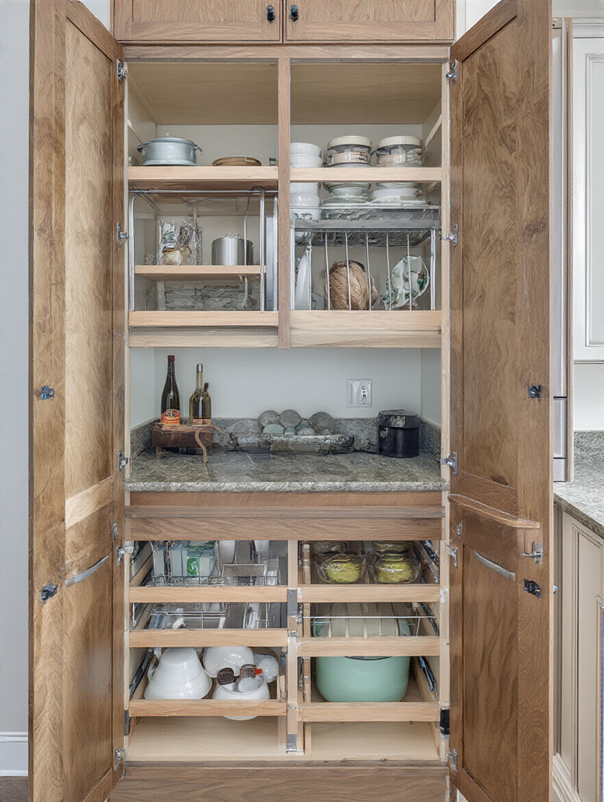 Close-up of a retractable tape measure measuring the inside width of a clean, empty kitchen cabinet