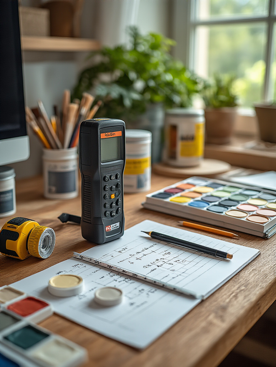 Workspace with measuring tools and paint samples for calculating paint quantity