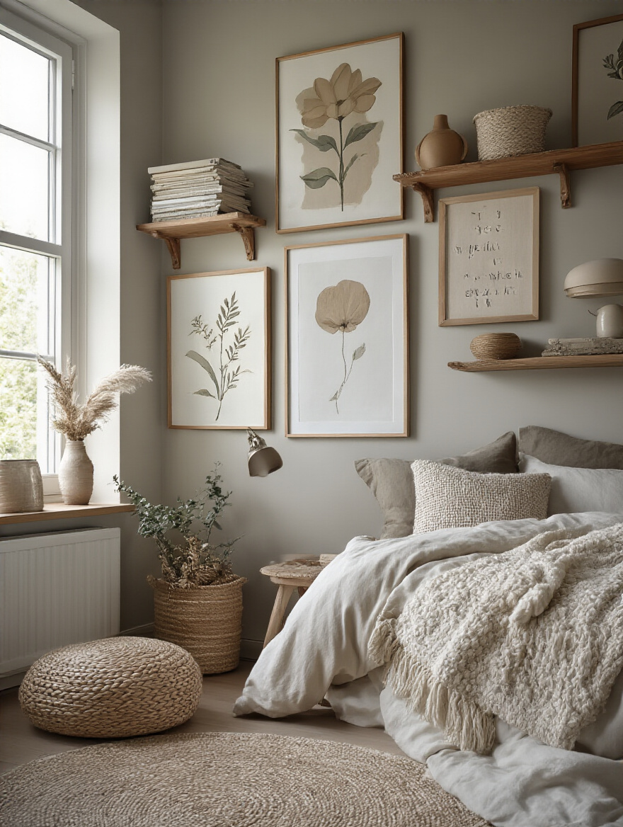 A beautifully decorated bedroom wall showcasing various wall arts and shelves, professionally lit.