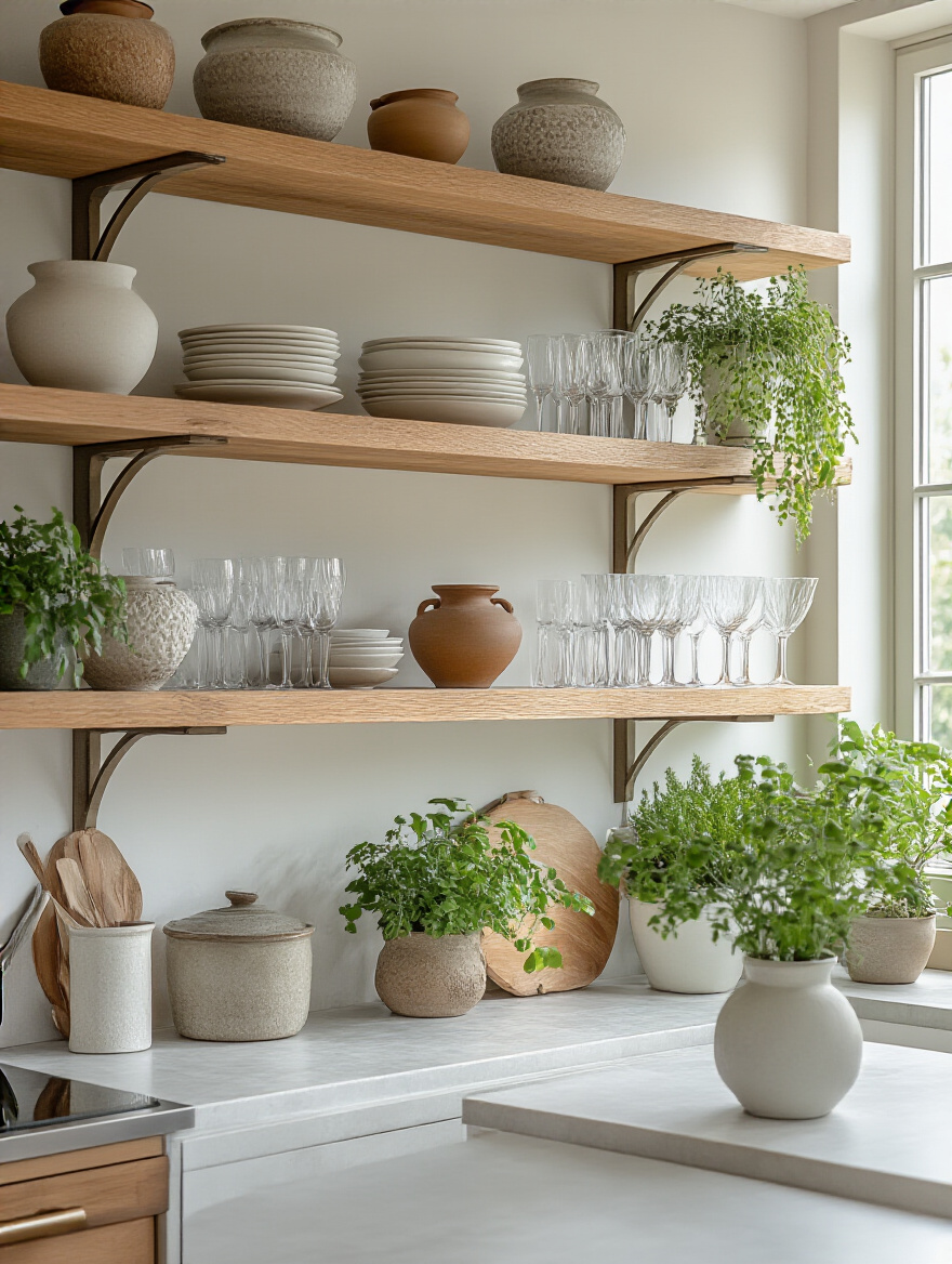 Beautifully arranged kitchen with open shelving and decorative accents.