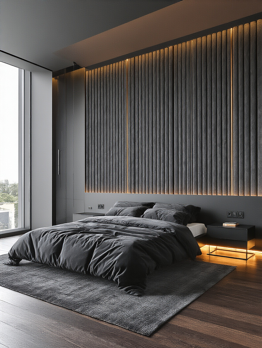 Black bedroom featuring dramatic textured wall treatments with ribbed velvet panels and ambient lighting creating depth and luxury