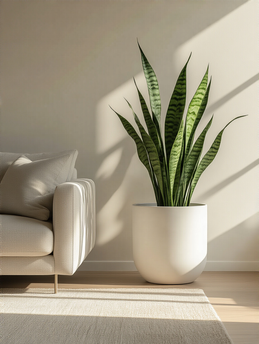 A minimalist living room with a large Snake Plant in a white planter, showcasing natural light and serene decor.