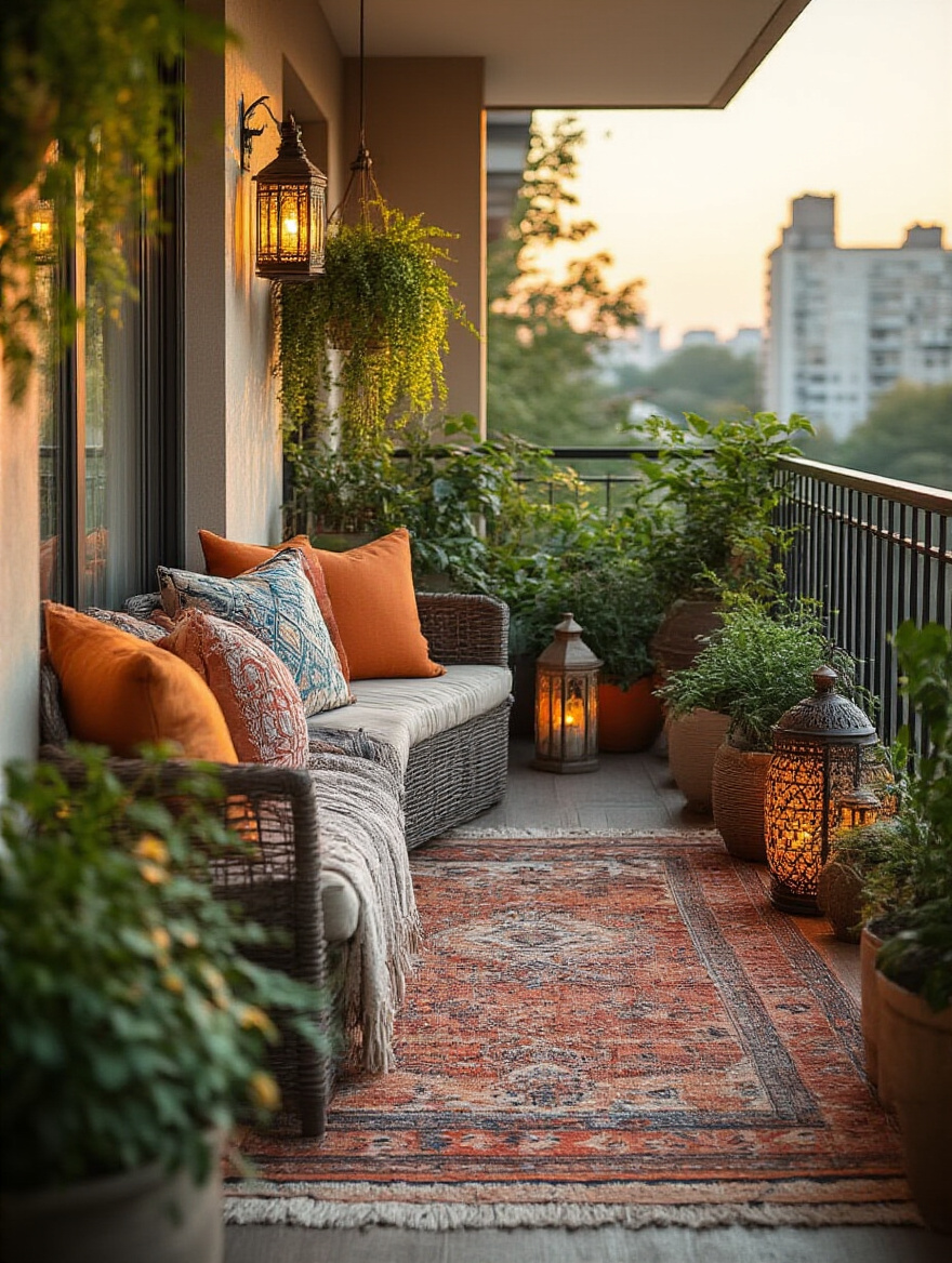 Cozy balcony decorated with colorful cushions, patterned rug, eclectic lanterns, and potted plants creating a personalized outdoor retreat
