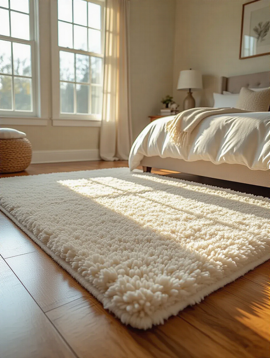 Master bedroom with a large soft high-pile wool rug under the bed, hardwood floors, and warm natural light