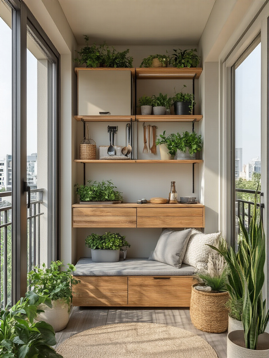 Small urban balcony with wall-mounted vertical storage shelves and cabinets, showcasing organized plants and decor with clear open floor space