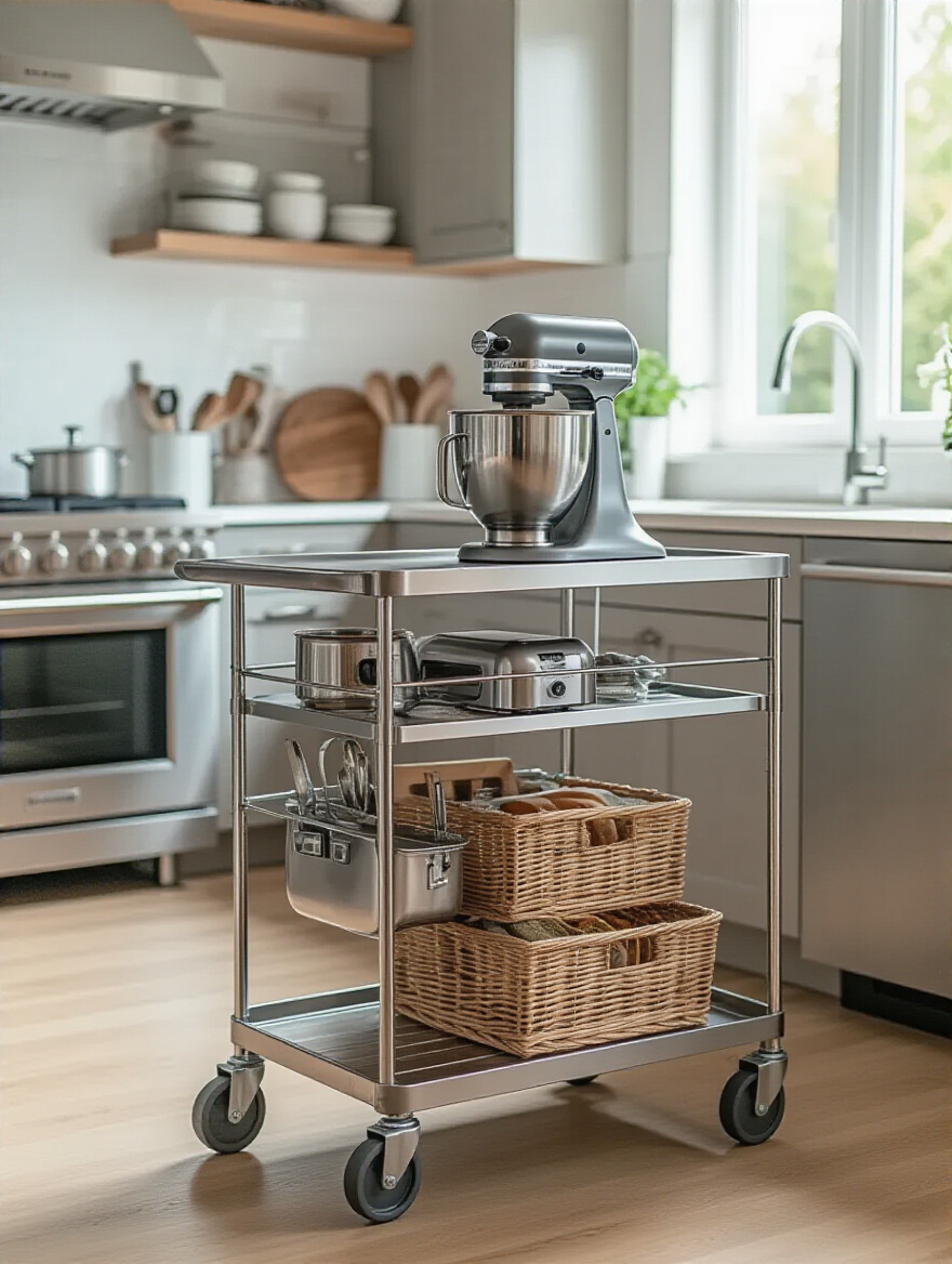 Modern kitchen with stainless steel rolling cart storing appliances and bulk goods, showcasing flexible kitchen storage
