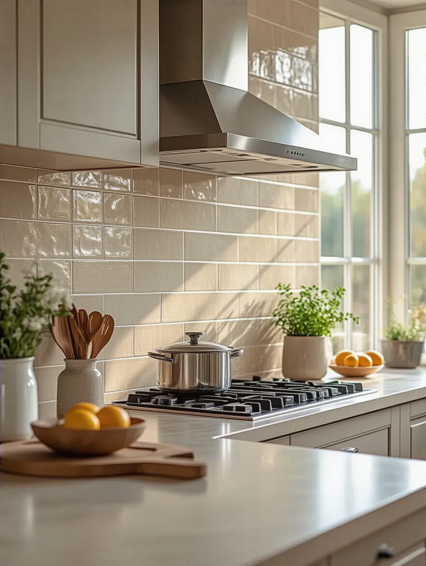 Modern kitchen featuring a stylish backsplash with large-format ceramic tiles in neutral tones.