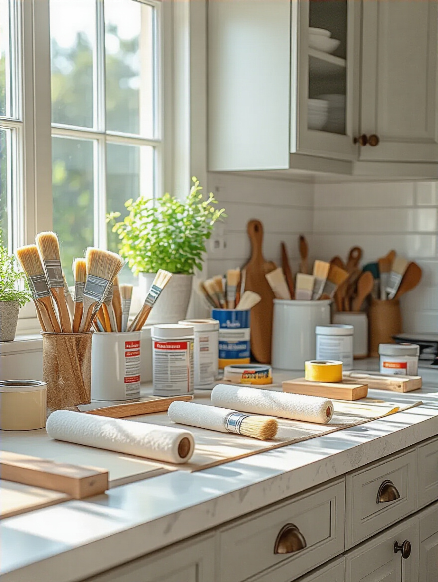A well-organized kitchen workspace with painting supplies and freshly painted cabinets.