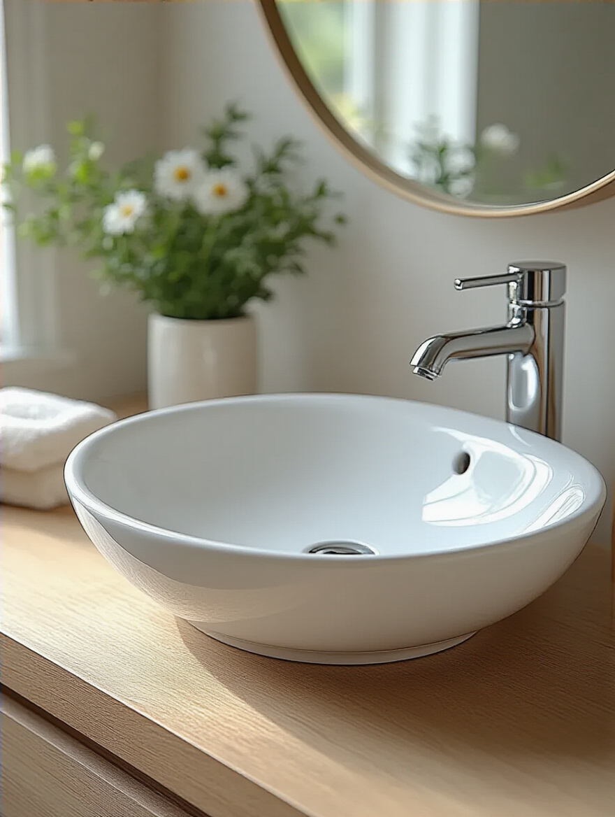 Close-up of a white porcelain bathroom sink with a perfectly repaired chip on the edge in a modern vanity setting