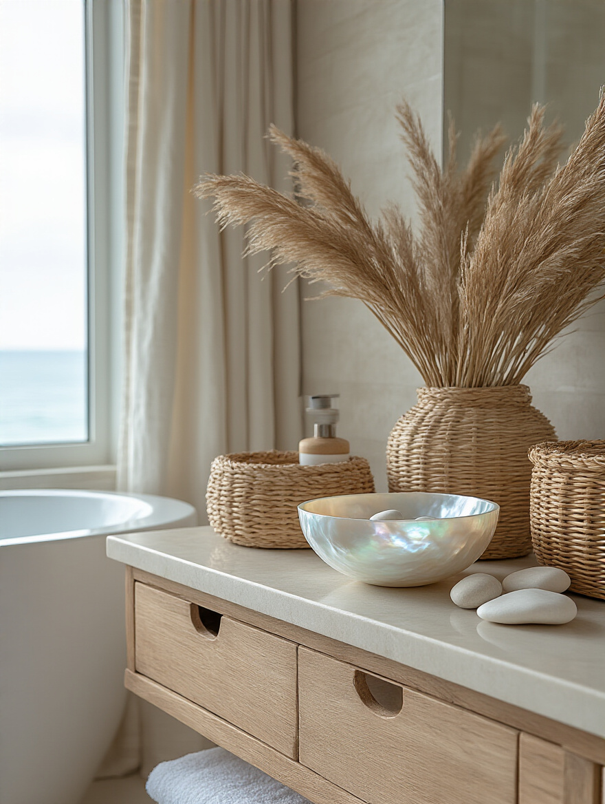 Coastal bathroom decor featuring ocean-inspired elements like a mother-of-pearl bowl and rattan baskets