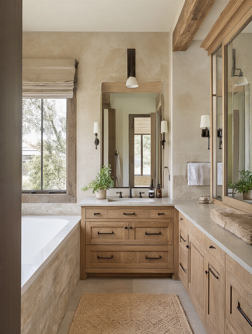 Bathroom vanity aligned perfectly with home's overall design aesthetic in a warm, naturally lit bathroom