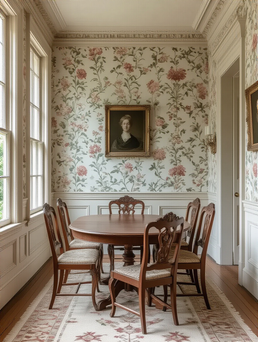 Victorian dining room with floral wallpaper matching the architectural era, vintage wooden furniture, and classic molding