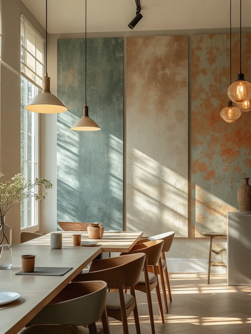 Dining room wallpaper samples showing color changes under natural and artificial lighting