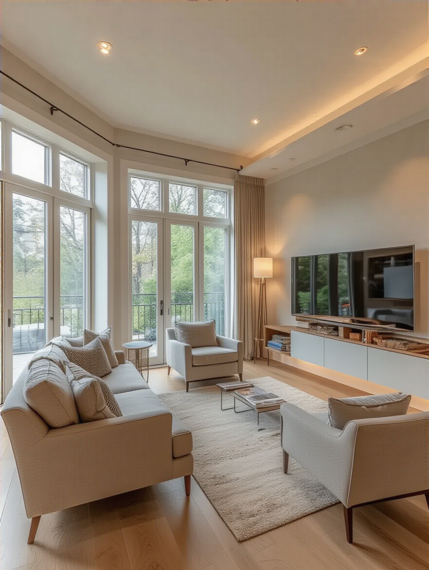 Modern living room interior showing distinct functional zones and optimized furniture layout with natural and ambient lighting