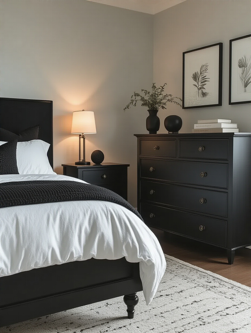 Elegant black bedroom anchored by thoughtfully chosen black furniture including matte black bed frame and textured black dresser, warm ambient lighting