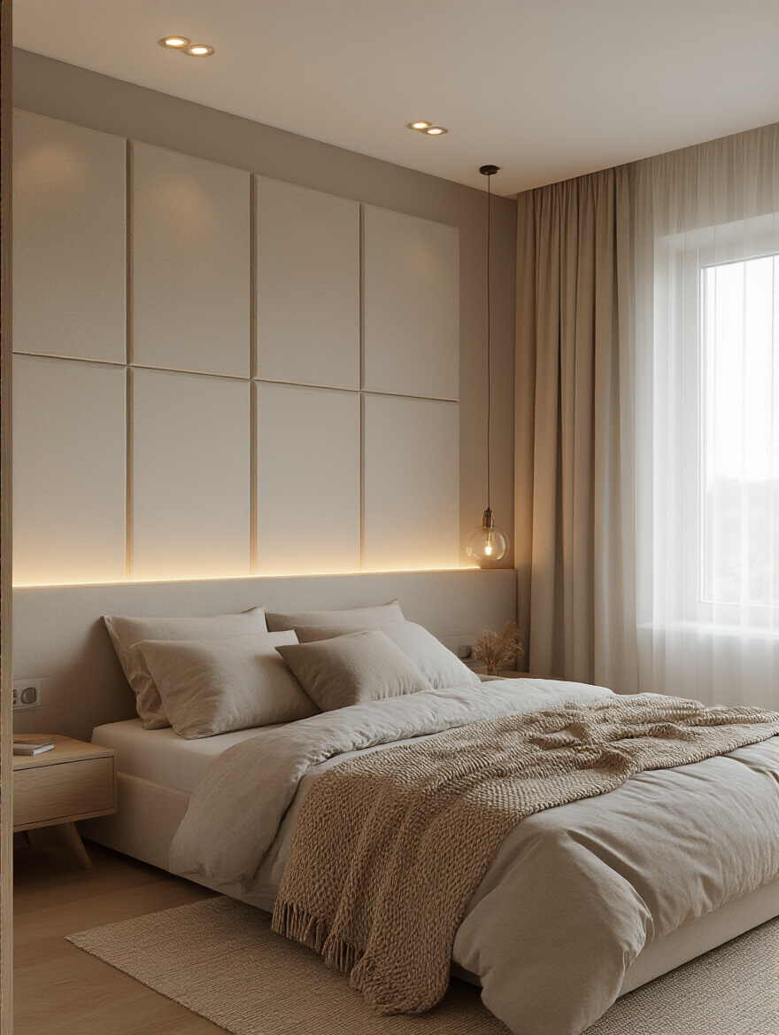 Serene bedroom with acoustic wall panels and soft lighting
