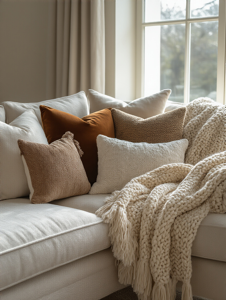 Cozy living room sofa with an elegant arrangement of pillows and a knitted throw adding comfort and visual cohesion