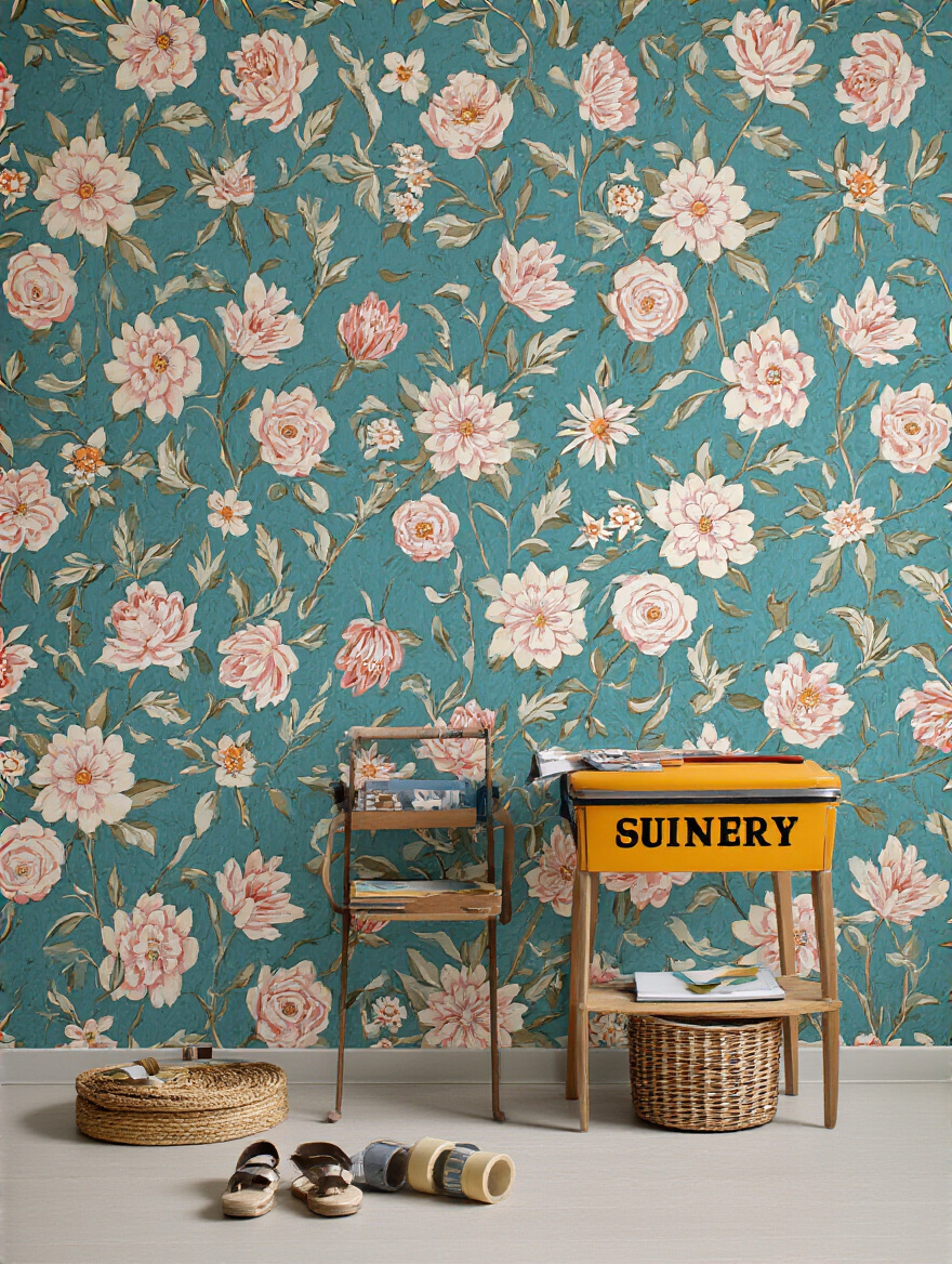 Organized DIY wallpaper installation tools on a wooden table ready for use