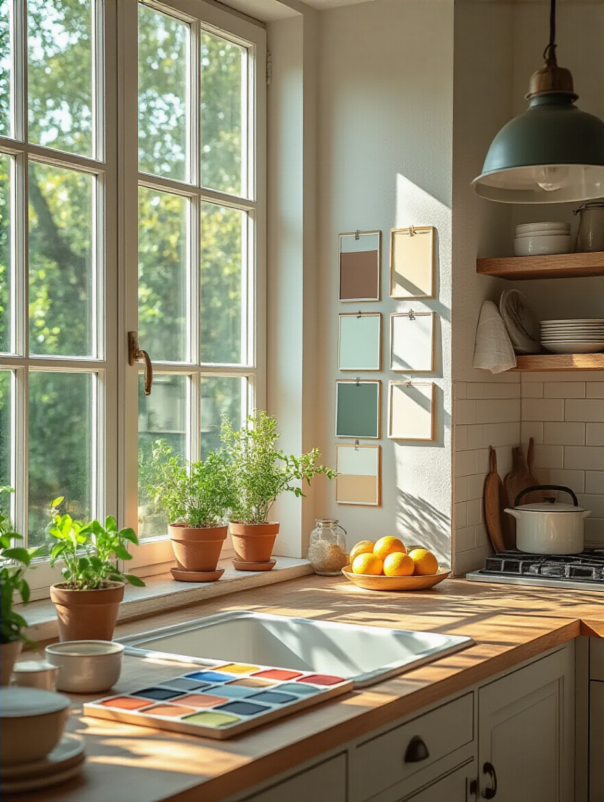Bright kitchen with natural light showcasing paint swatches on the walls