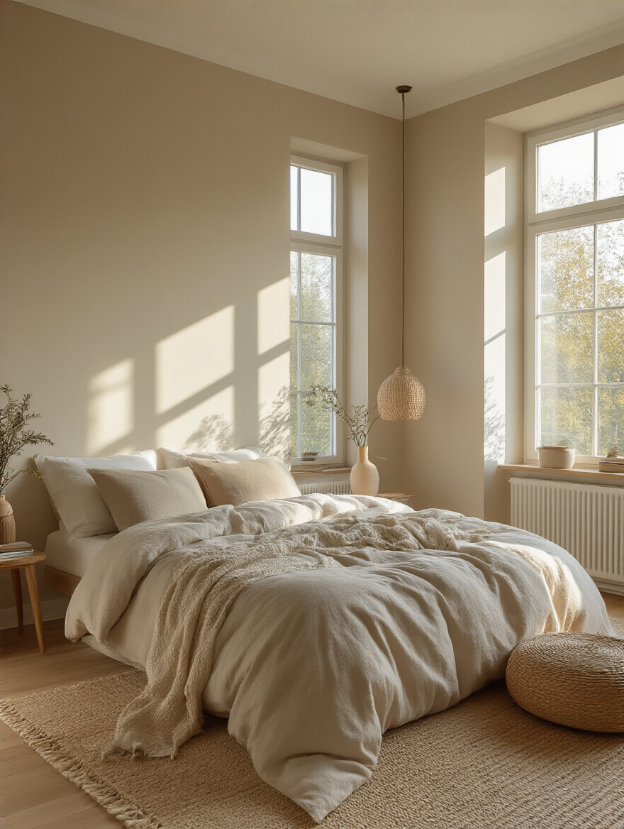 Bedroom interior showing natural light illuminating warm and cool toned painted walls for optimal glow